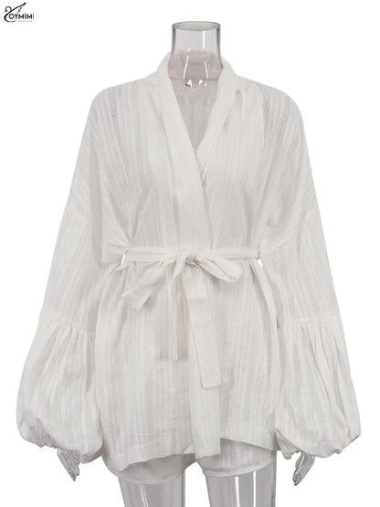Oymimi Women’s White Cotton Two-Piece Set – Elegant Puff Sleeve Lace-Up Shirt & High-Waisted Shorts