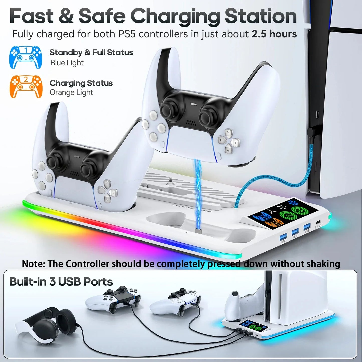 PS5/PS5 Slim/PS5 Pro Stand – Cooling Stand with Headphone Hook, Controller Charging Station & 3-Level Cooling Fan