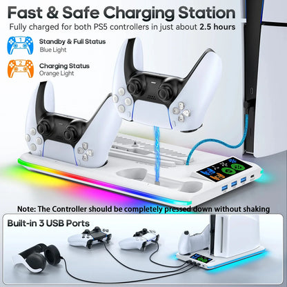 PS5/PS5 Slim/PS5 Pro Stand – Cooling Stand with Headphone Hook, Controller Charging Station & 3-Level Cooling Fan