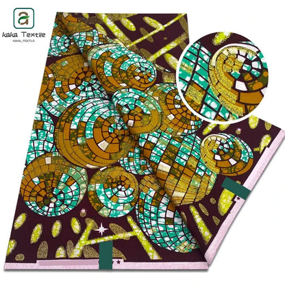 African Golden Glitter Wax Fabric - Soft Cotton Ankara Gold Print Batik 6 Yards