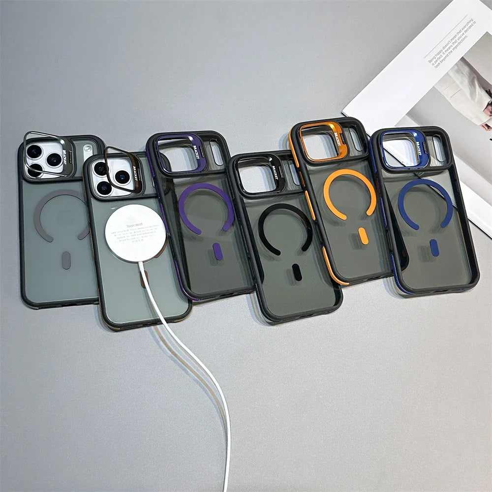 Luxury Matte Transparent MagSafe Kickstand Case — Magnetic Stand Cover for iPhone 11–17 Air, Plus, Pro Max