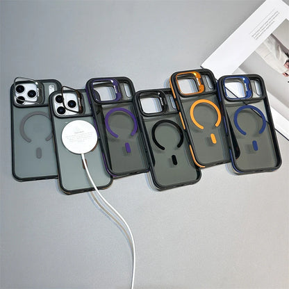 Luxury Matte Transparent MagSafe Kickstand Case — Magnetic Stand Cover for iPhone 11–17 Air, Plus, Pro Max