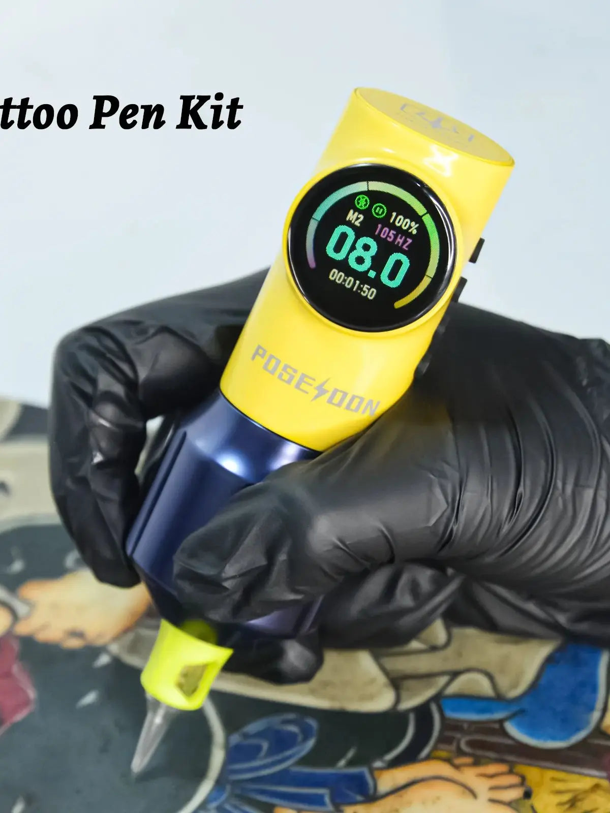 POSEIDON Tattoo Pen Kit – Wireless Yellow Tattoo Machine Set with Power Supply for Permanent Makeup & Professional Tattooing