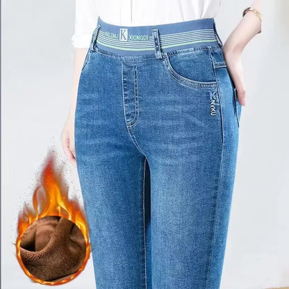 Women's Winter Velvet Stretch Jeans - High Waist Warm Skinny Mom Denim Trousers