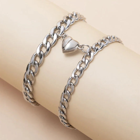 2-Piece Magnetic Couple Bracelet Set - Stainless Steel Heart Charm Cuban Chain Jewelry Gifts