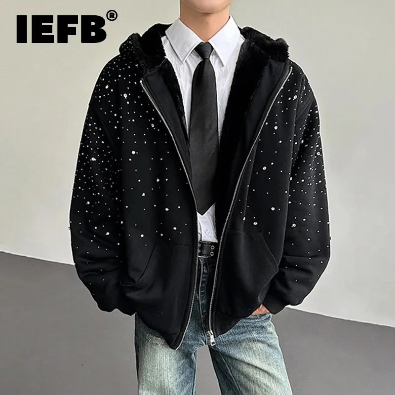 Men’s Faux Fur Patchwork Hoodie - Diamond Design Zip-Up Sweater with Loose Fit