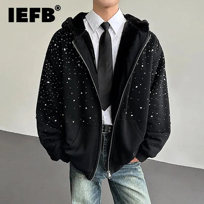 Men’s Faux Fur Patchwork Hoodie - Diamond Design Zip-Up Sweater with Loose Fit