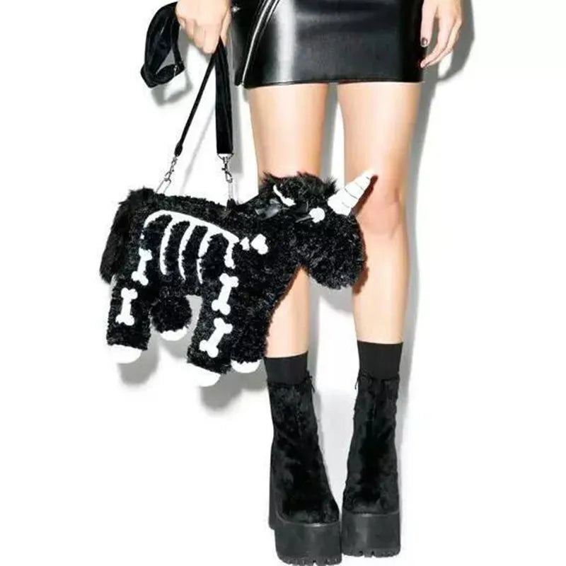 Dark Punk Unicorn Backpack – Gothic Pink Plush Flying Horse Skeleton Stuffed Crossbody Bag, High-Quality Gift for Friends