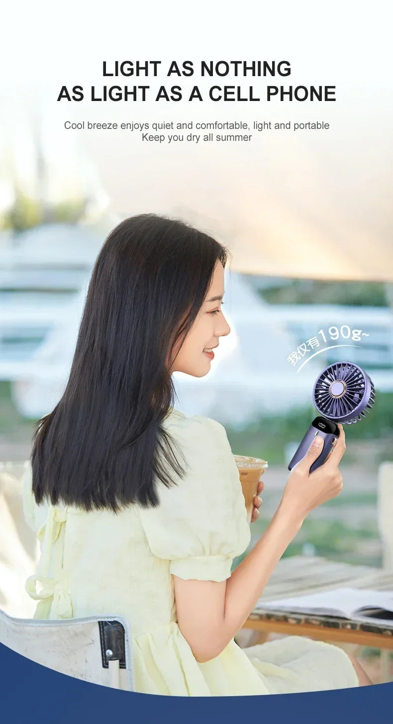 5000mAh Handheld Mini Fan – Wireless USB Rechargeable Portable Fan with Digital Display, Phone Holder, 5-Speed Foldable Neck Hanging Fan