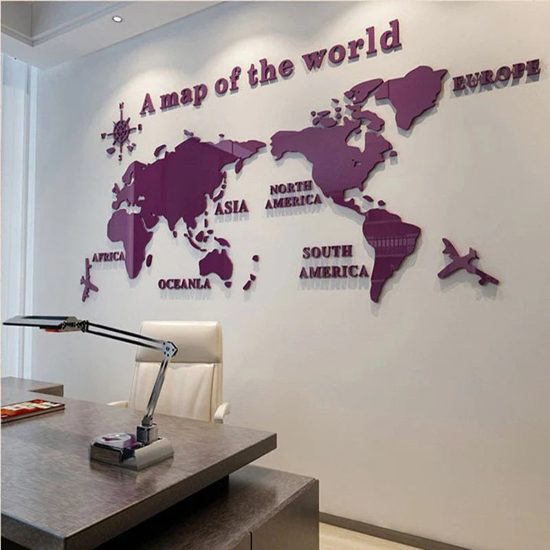 3D Acrylic World Map Wall Stickers – Three-Dimensional Mirror Decals for Bedroom & Office Decoration
