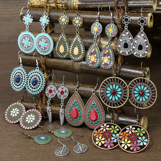 12 Pairs Boho Vintage Earrings Set - Colorful Geometric Dangle Drop Jewelry Gifts for Women