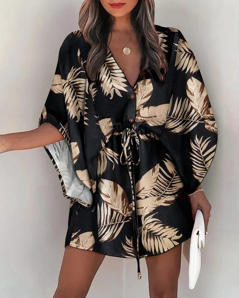 Women’s Floral Summer Dress - V Neck Bat Sleeve Ruffle Boho Dress with Irregular Hem Casual 2024 Style