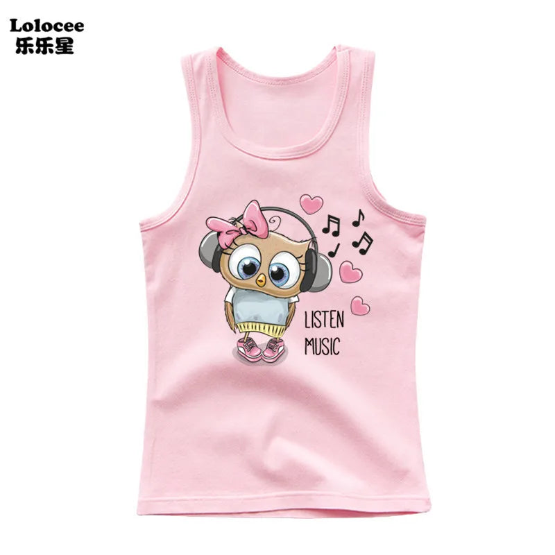 Girls Owl Print Tank Top - Sleeveless Cotton Sports Vest Shirt for Kids 3-14 Years
