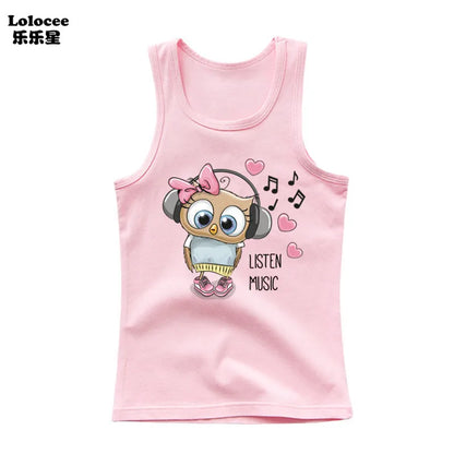 Girls Owl Print Tank Top - Sleeveless Cotton Sports Vest Shirt for Kids 3-14 Years
