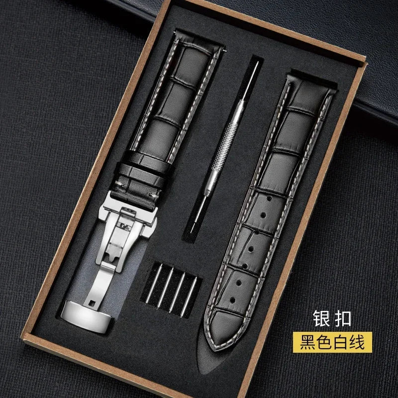 Genuine Leather Watch Strap with Wooden Box – Butterfly Clasp Bracelet 18-24mm Wristband