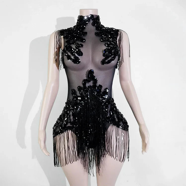 Sexy Shiny Silver Sequin & Black Spandex Jumpsuit — 2025 Women’s Prom, Dancer & Stage Performance Costume