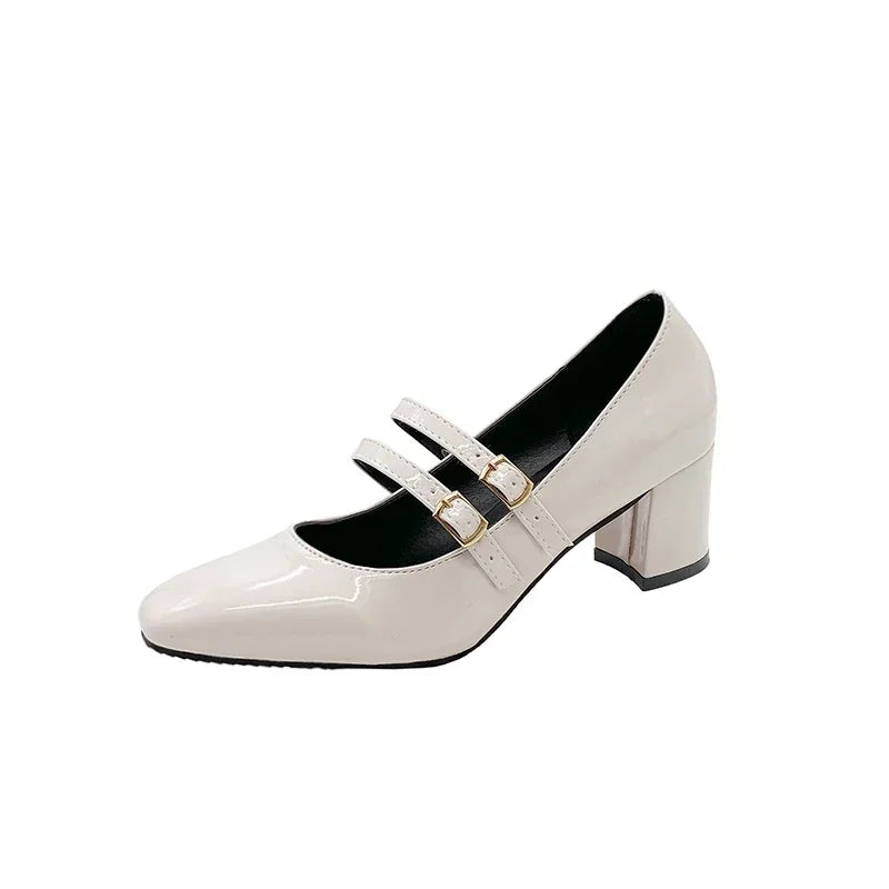 2025 Women’s Double Buckle Leather Shoes – Square Toe & Heel, Solid Color Spring & Autumn Footwear