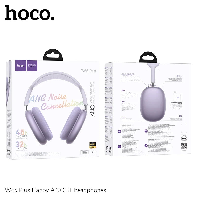HOCO W65 Plus ANC Bluetooth Headphones – Over-Ear Wireless HiFi Sport Headset with Noise Reduction & Control Button