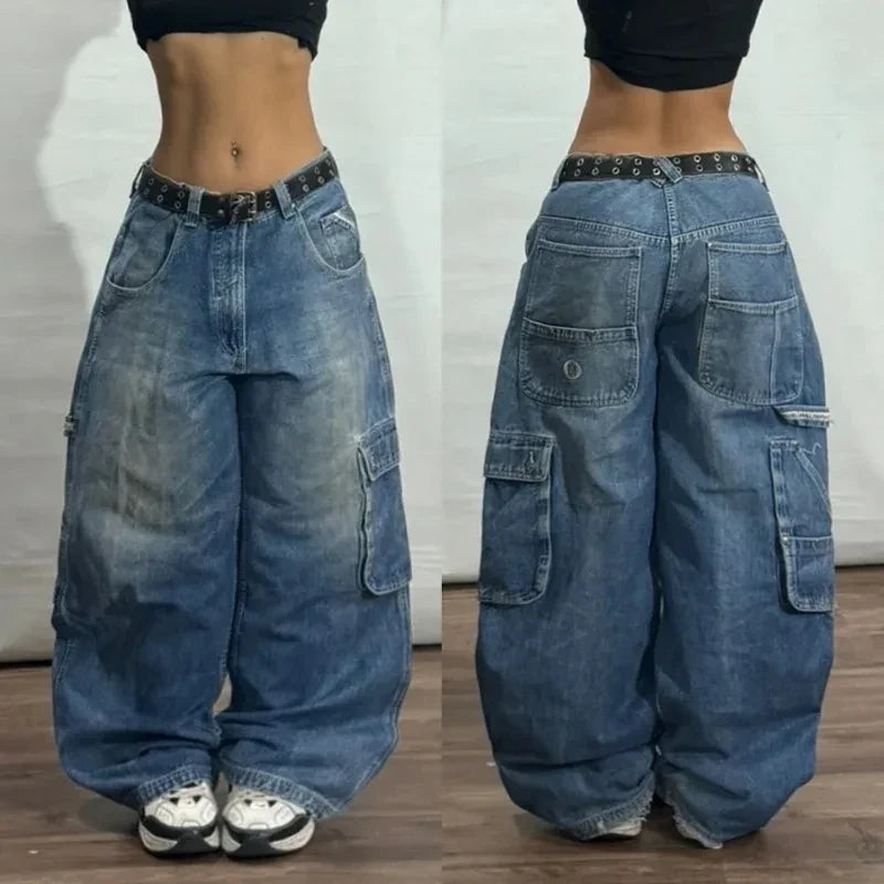 Streetwear Multi-Pocket Baggy Jeans – Y2K Hip-Hop Harajuku High-Waist Wide Pants for Men & Women