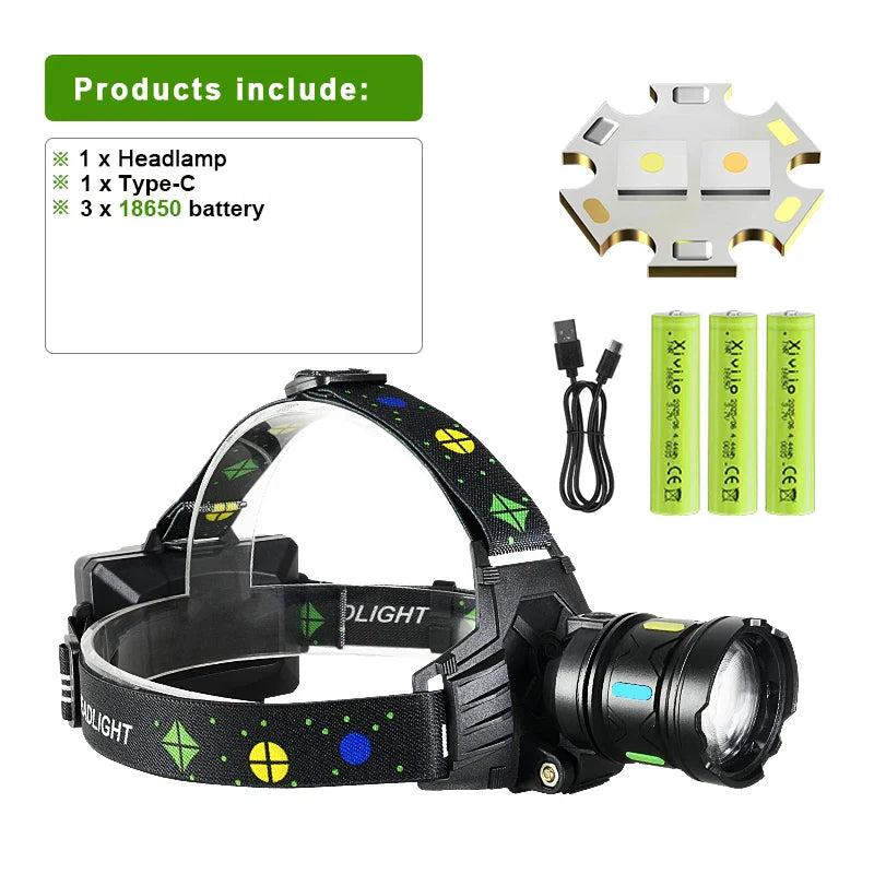 18,000,000LM Powerful Rechargeable LED Headlamp – Dual White & Yellow Light, 3KM Long Range High Brightness Headlight for Camping, Fishing & Outdoor Use