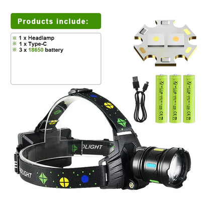 18,000,000LM Powerful Rechargeable LED Headlamp – Dual White & Yellow Light, 3KM Long Range High Brightness Headlight for Camping, Fishing & Outdoor Use