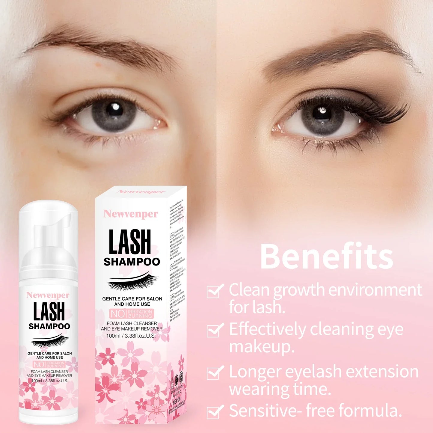 100ML Eyelash Lash Shampoo with Brush & Mascara Wand – Foaming Eyelid Cleanser for Extensions & Makeup Removal
