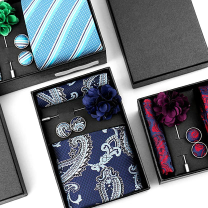 Elegant Men’s Necktie Gift Set - Fashion Tie with Handkerchief, Cufflinks & Brooch Pin Accessories for Business & Wedding