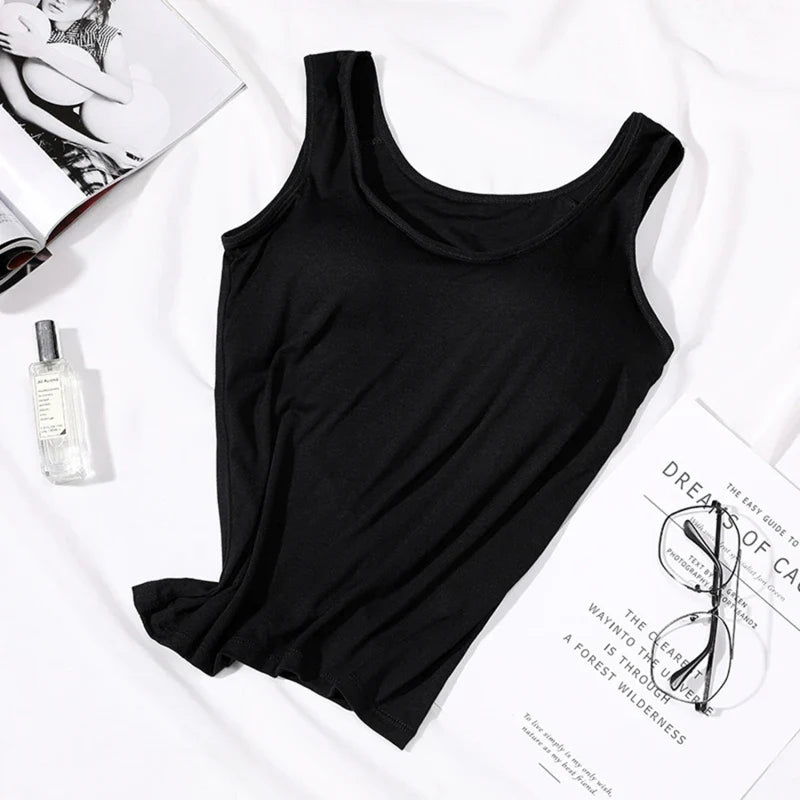 Women’s Built-In Bra Tank Top - Solid Color Padded Slim Fit Vest Shirt for Casual, Sexy & Everyday Wear