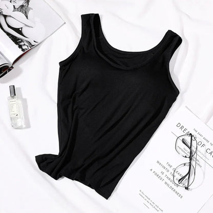 Women’s Built-In Bra Tank Top - Solid Color Padded Slim Fit Vest Shirt for Casual, Sexy & Everyday Wear