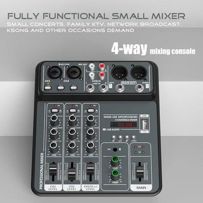 4-Channel Audio Mixer - USB Studio Sound Mixing Console with Bluetooth, 48V Phantom Power & DJ Karaoke Support