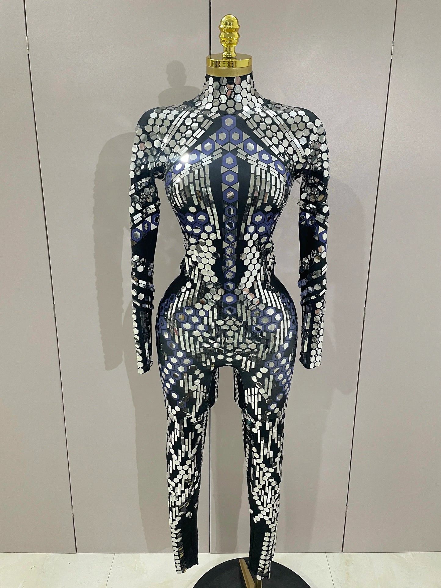 Sexy Shiny Silver Sequin & Black Spandex Jumpsuit — 2025 Women’s Prom, Dancer & Stage Performance Costume
