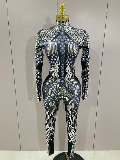 Sexy Shiny Silver Sequin & Black Spandex Jumpsuit — 2025 Women’s Prom, Dancer & Stage Performance Costume