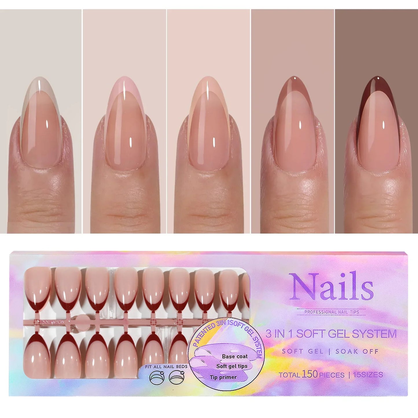 150PCS Press On Fake Nails - 6 Color Multi-Size Almond Acrylic Nails with French Style Removable Design