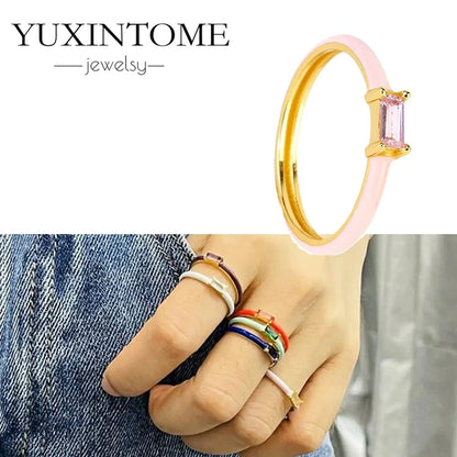 24K Gold-Plated & Silver Enamel Ring – Slim Round Women's Luxury Zircon CZ Ring in Green, Purple, Pink for Wedding & Anniversary