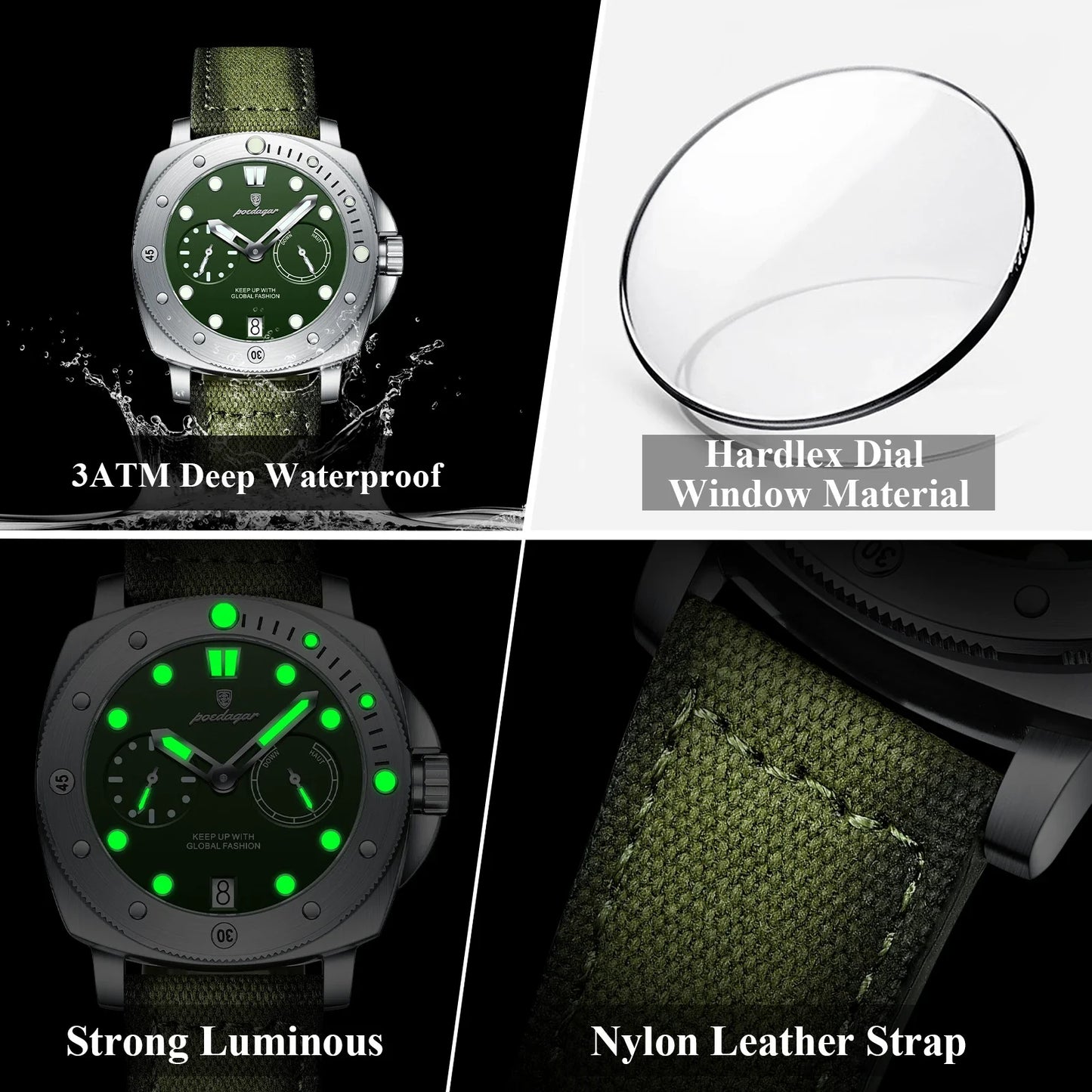 POEDAGAR Men’s Military Watch – Waterproof Luminous Quartz Watch with Date, Nylon & Leather Strap, Fashionable Men’s Timepiece