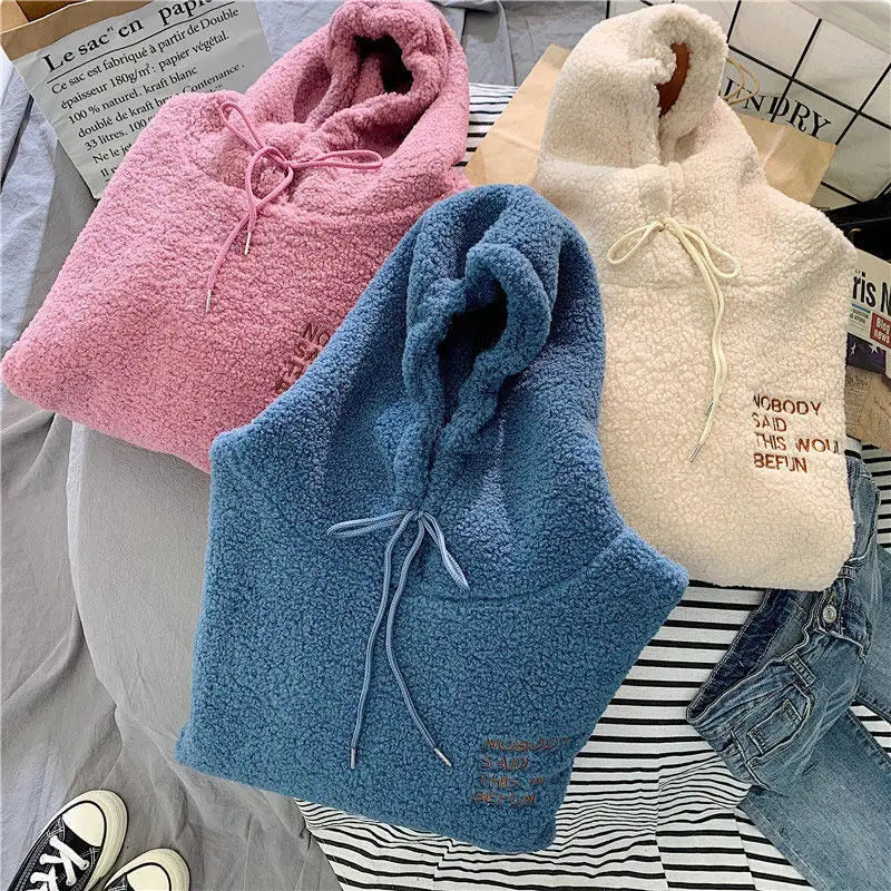 Women's Warm Fluffy Hoodie - Autumn Winter Lamb Wool Fleece Pullover Sweatshirt with Letter Print