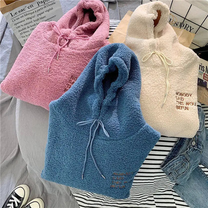 Women's Warm Fluffy Hoodie - Autumn Winter Lamb Wool Fleece Pullover Sweatshirt with Letter Print