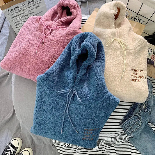 Women's Warm Fluffy Hoodie - Autumn Winter Lamb Wool Fleece Pullover Sweatshirt with Letter Print
