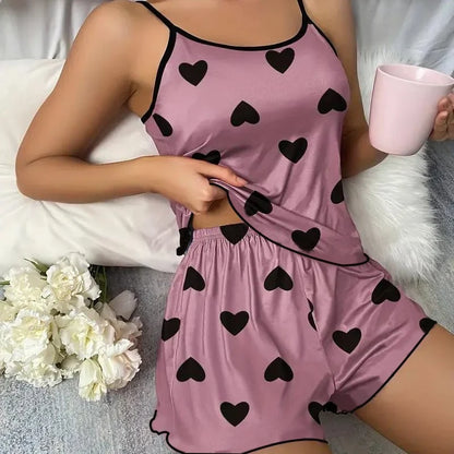 Women’s Pink Heart Pajama Set - Ice Silk T-Shirt & Shorts Casual Summer Sleepwear