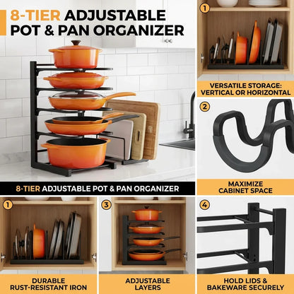 8 Tier Pot Rack Organizer - Space Saving Metal Holder for Pots, Pans & Lids Kitchen Storage Rack