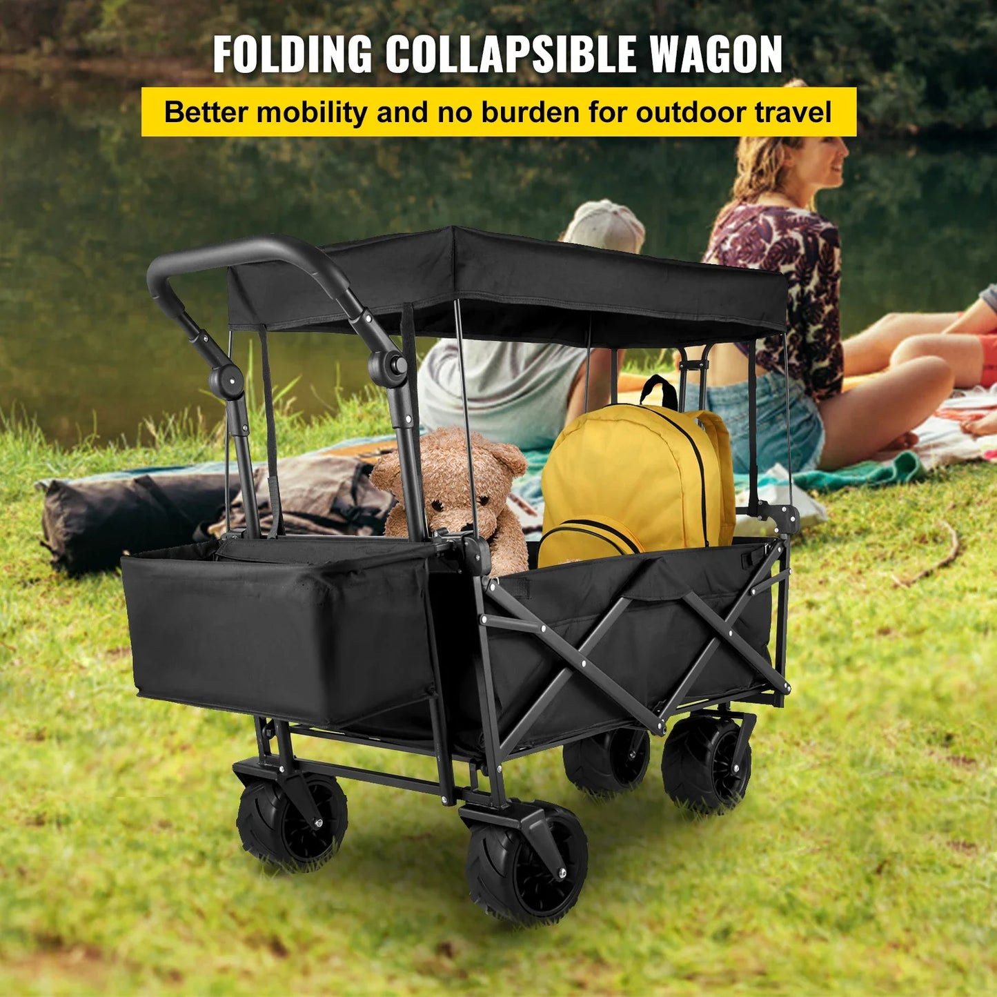 VEVOR Extra Large Collapsible Garden Wagon – Foldable Cart with Removable Canopy for Camping, Shopping & Groceries