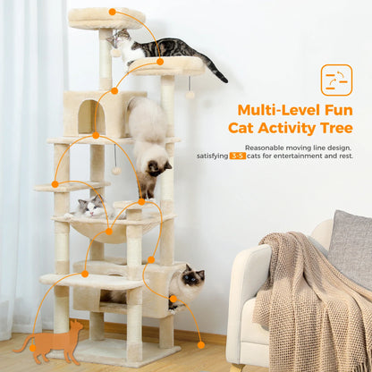Large Indoor Cat Tree Tower with Sisal Scratching Posts, Hammock, Padded Perches & Condos – Cat Toys and Activity Center