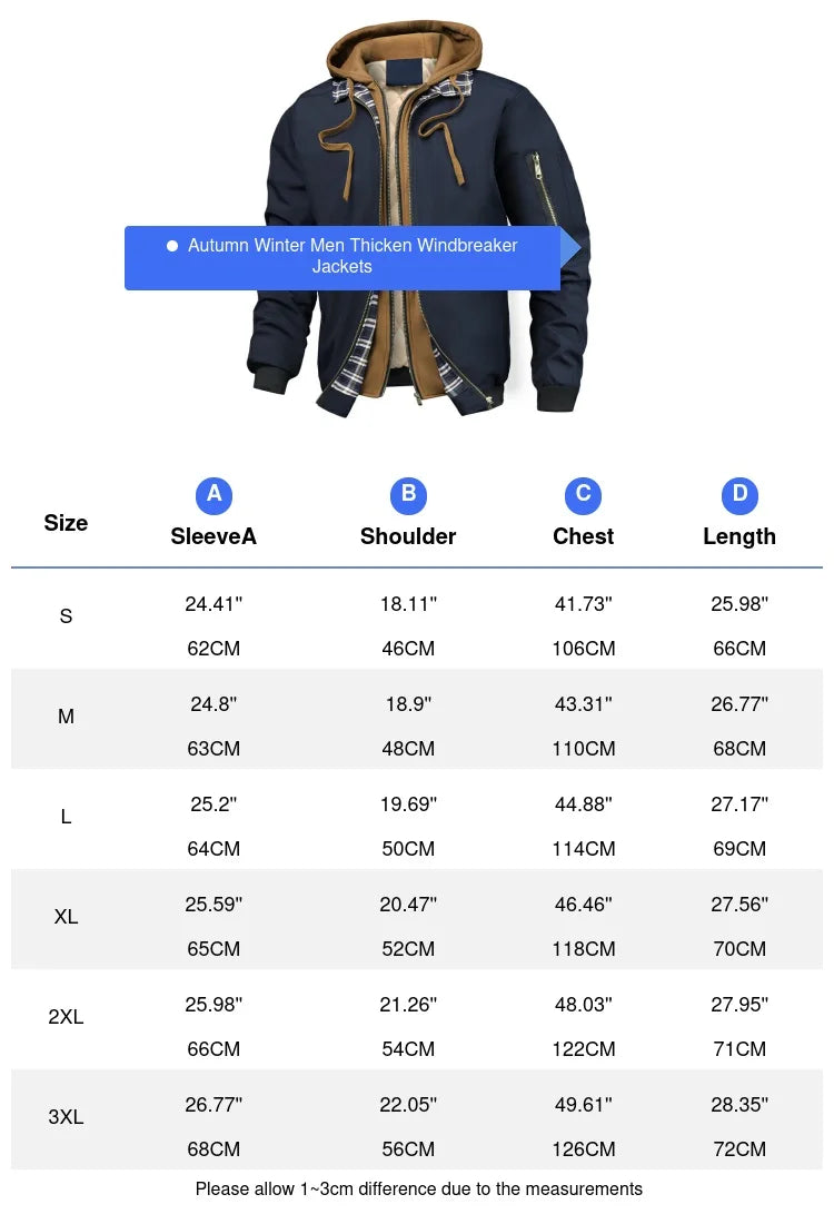 Men’s Warm Winter Windbreaker Jacket - Thick Hooded Outdoor Hiking Thermal Sports Coat with Zipper Closure