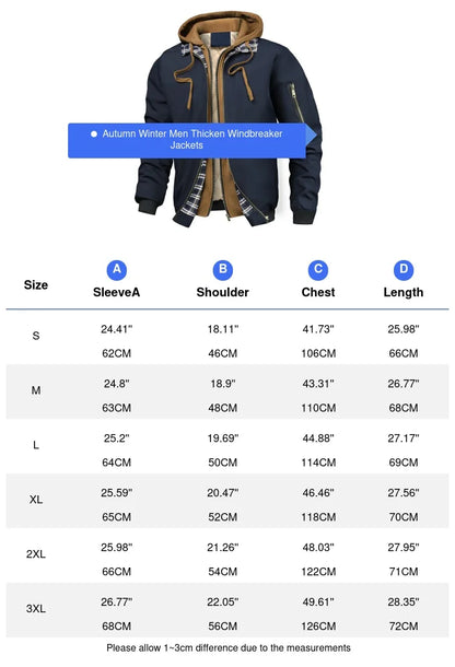 Men’s Warm Winter Windbreaker Jacket - Thick Hooded Outdoor Hiking Thermal Sports Coat with Zipper Closure