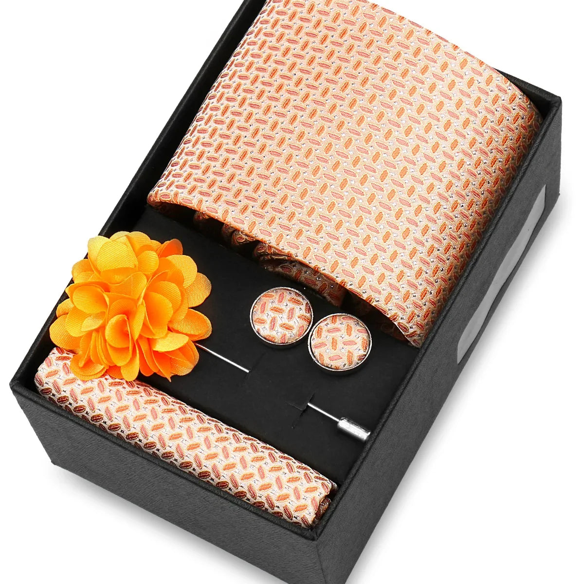 Elegant Men’s Necktie Gift Set - Fashion Tie with Handkerchief, Cufflinks & Brooch Pin Accessories for Business & Wedding