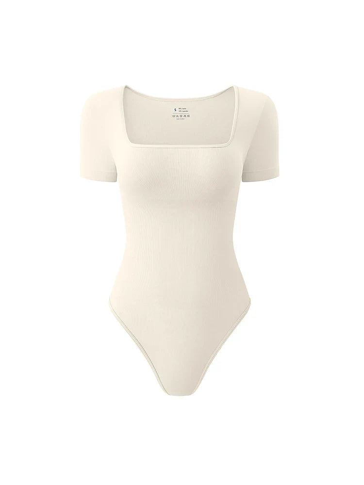 Women’s Early Autumn Square Neck Seamless Bodysuit – Short Sleeve Solid Color Body Shaping Jumpsuit Top