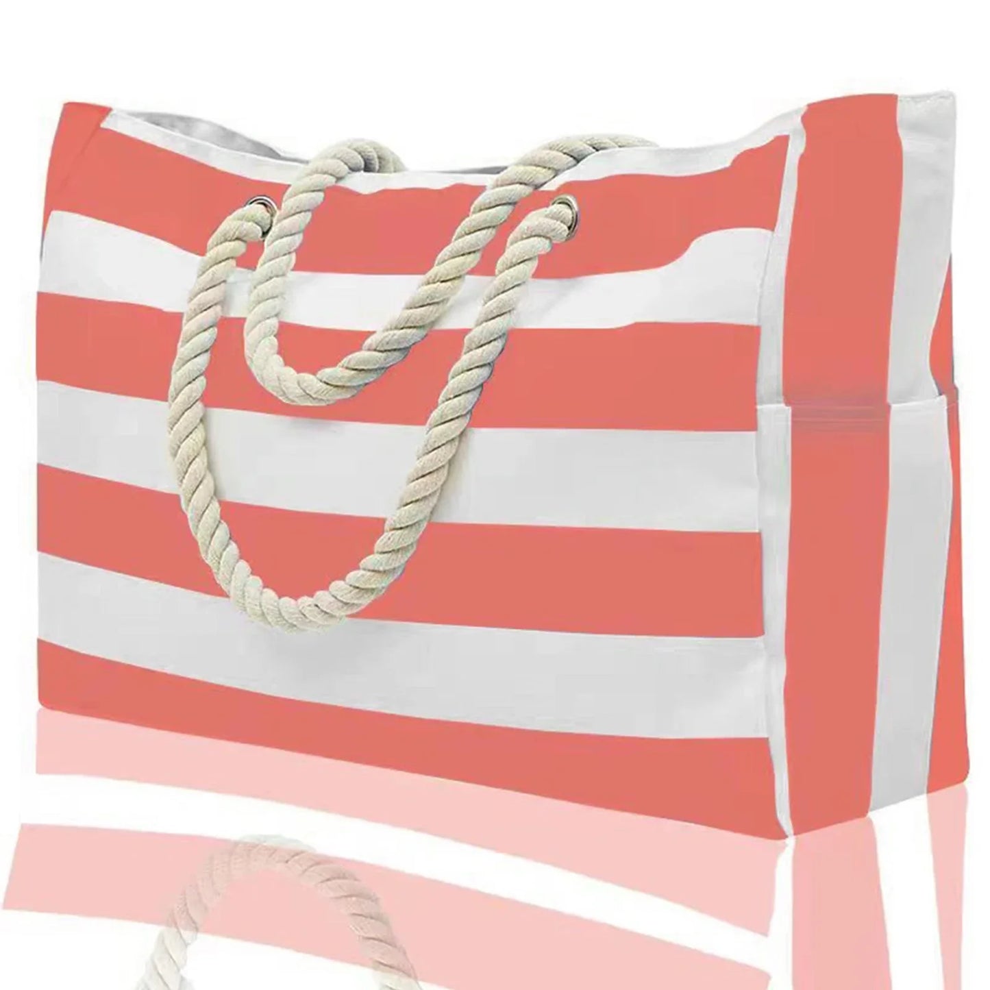 Striped Waterproof Canvas Beach Bag – Zippered Foldable Tote for Outdoor Travel and Vacation, Sand-Resistant Design