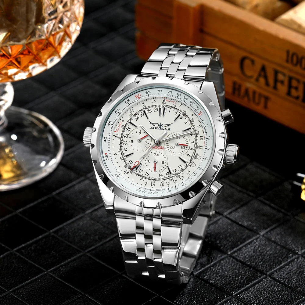 JARAGAR Pilot Mechanical Watch for Men – Multifunctional Small Dials, Leather & Steel Strap, Sports Military Automatic Watch