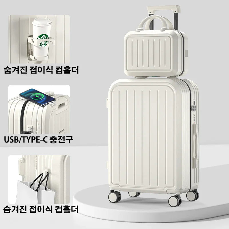 Large Capacity Trolley Suitcase – 20/22/24/26/28" Travel Luggage with Cup Holder for Business & Leisure