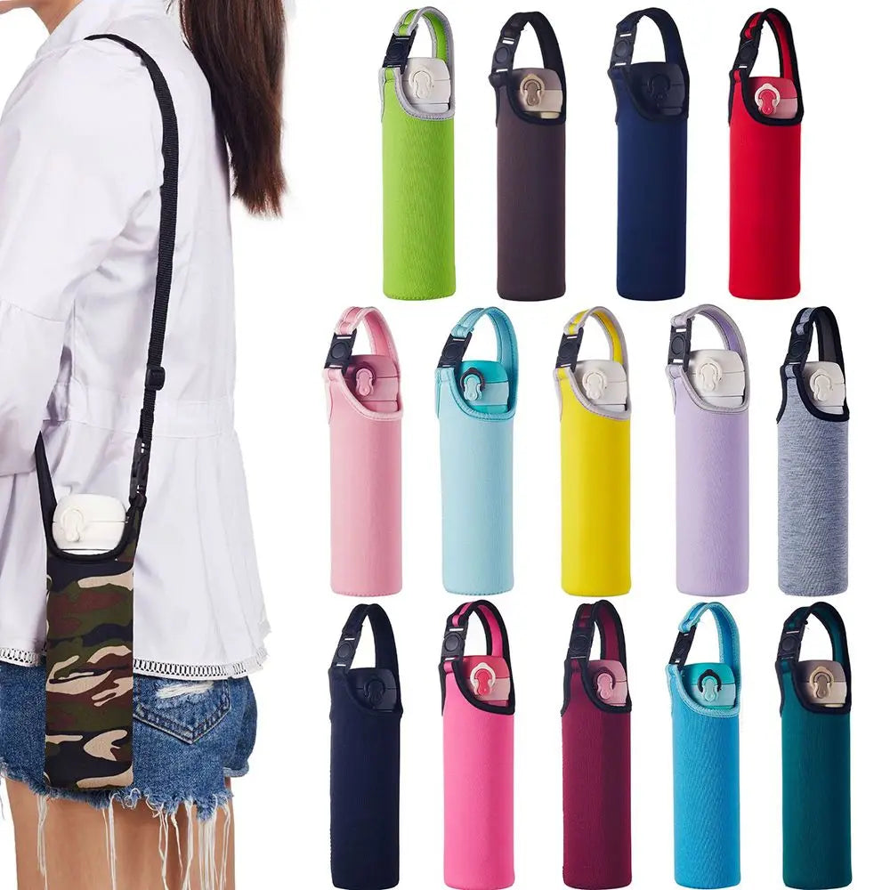450-600ML Neoprene Water Bottle Cover Bag - Insulated Pouch Holder with Shoulder Strap for Sports & Camping